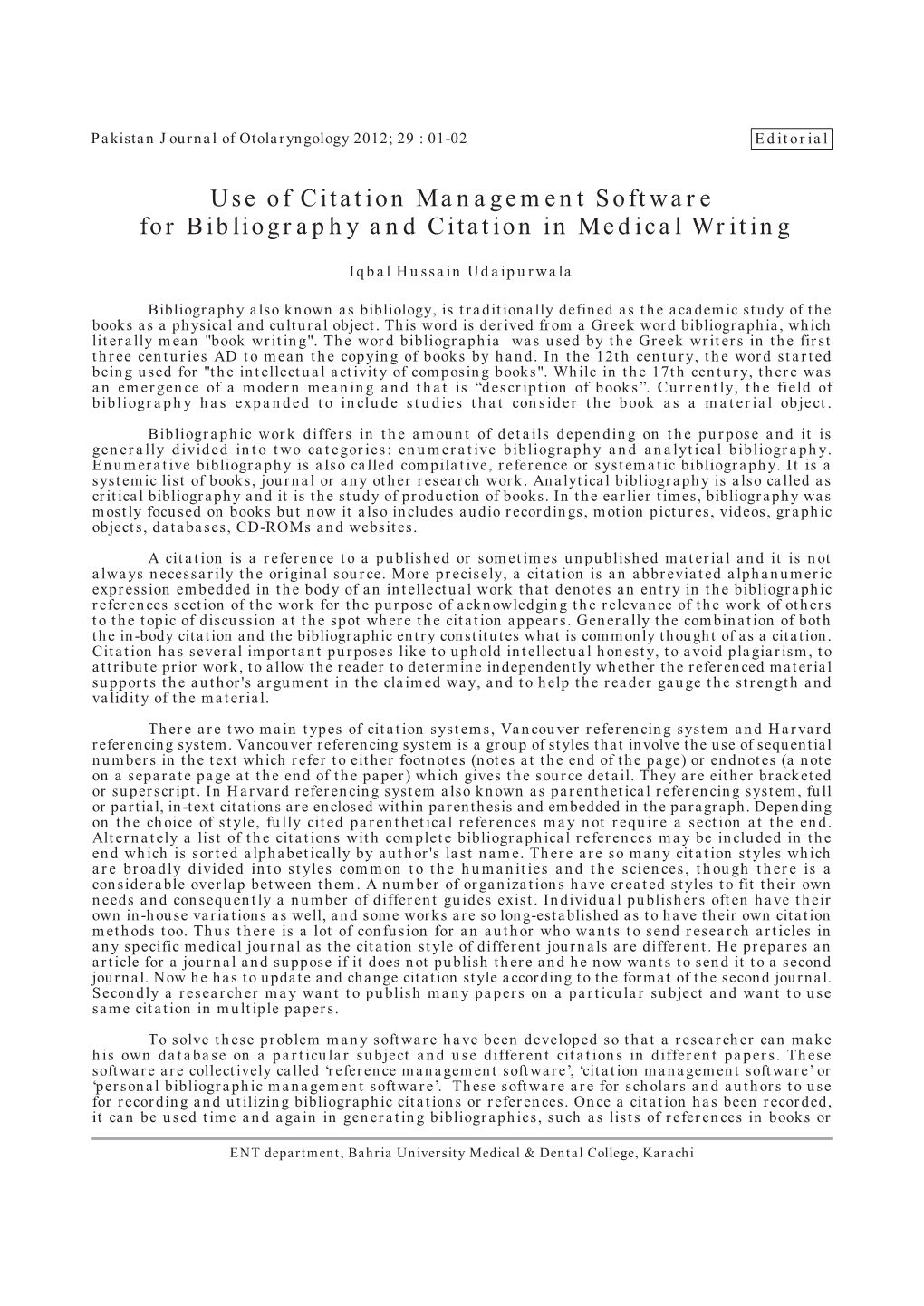 Use of Citation Management Software for Bibliography and Citation in Medical Writing