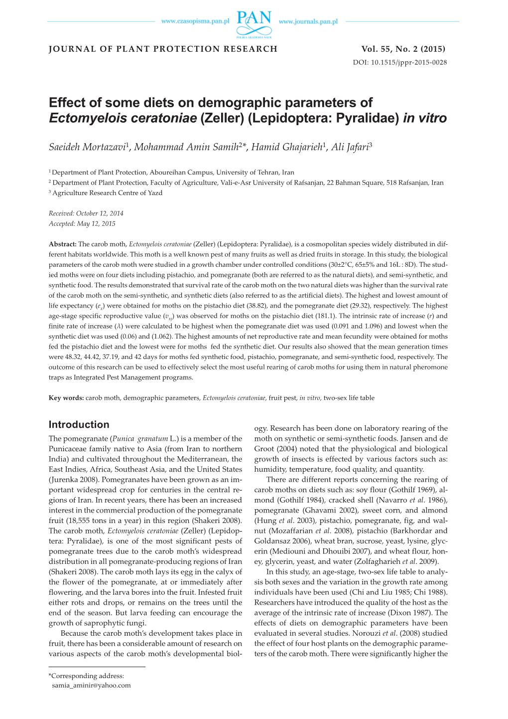 Effect of Some Diets on Demographic Parameters of Ectomyelois Ceratoniae (Zeller) (Lepidoptera: Pyralidae) in Vitro