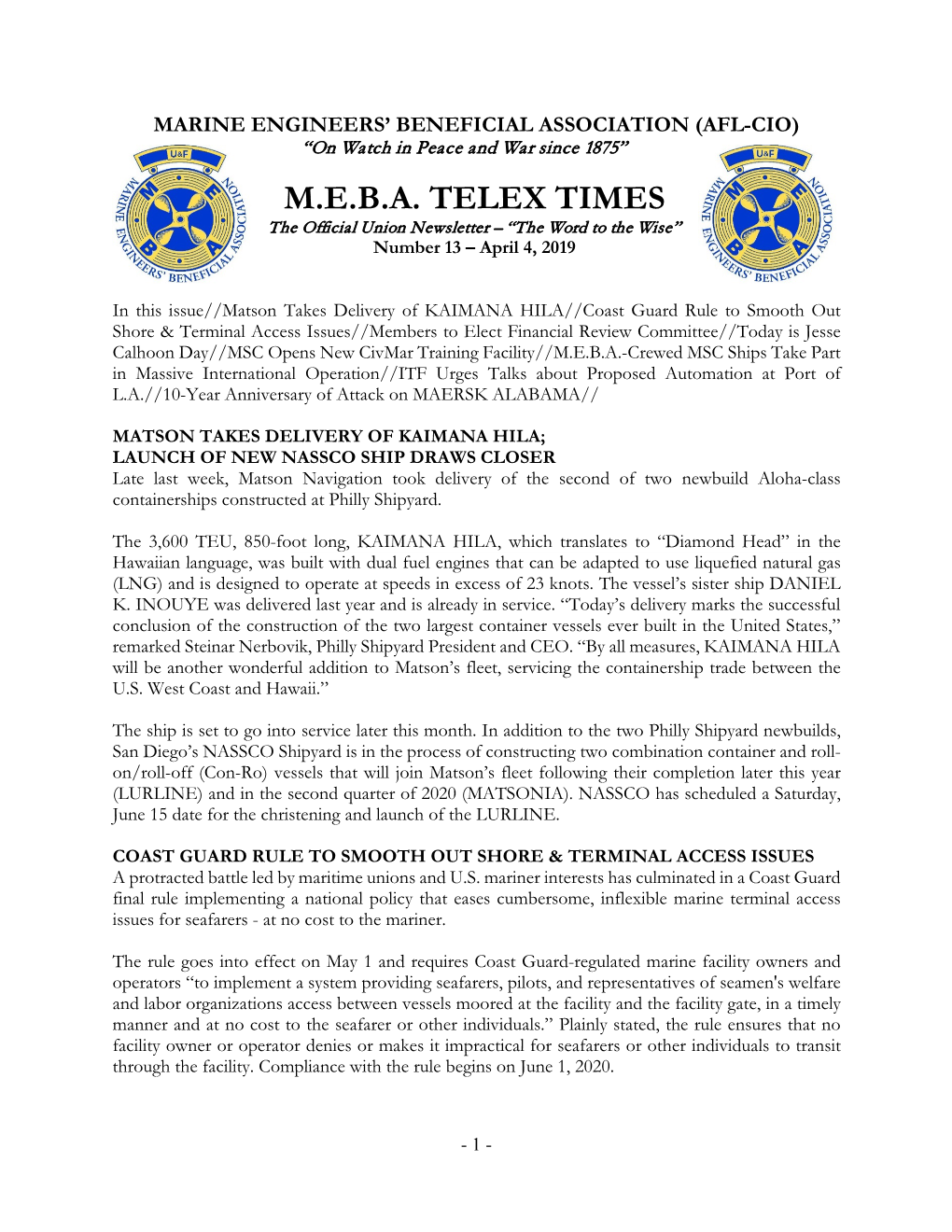 M.E.B.A. TELEX TIMES the Official Union Newsletter – “The Word to the Wise” Number 13 – April 4, 2019