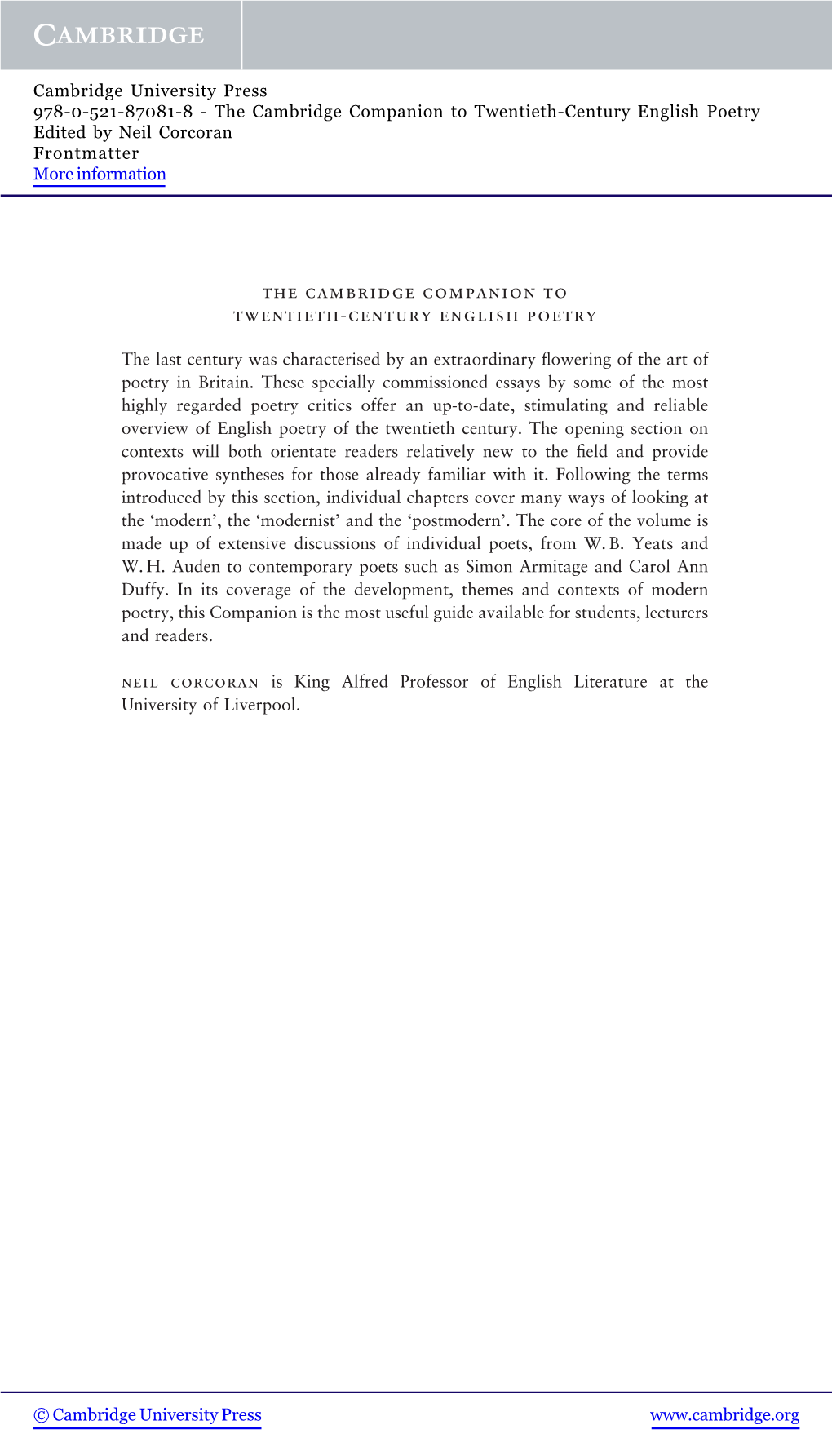 The Cambridge Companion to Twentieth-Century English Poetry Edited by Neil Corcoran Frontmatter More Information