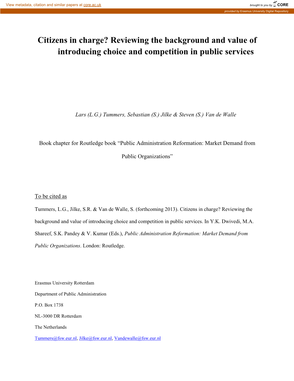 Reviewing the Background and Value of Introducing Choice and Competition in Public Services