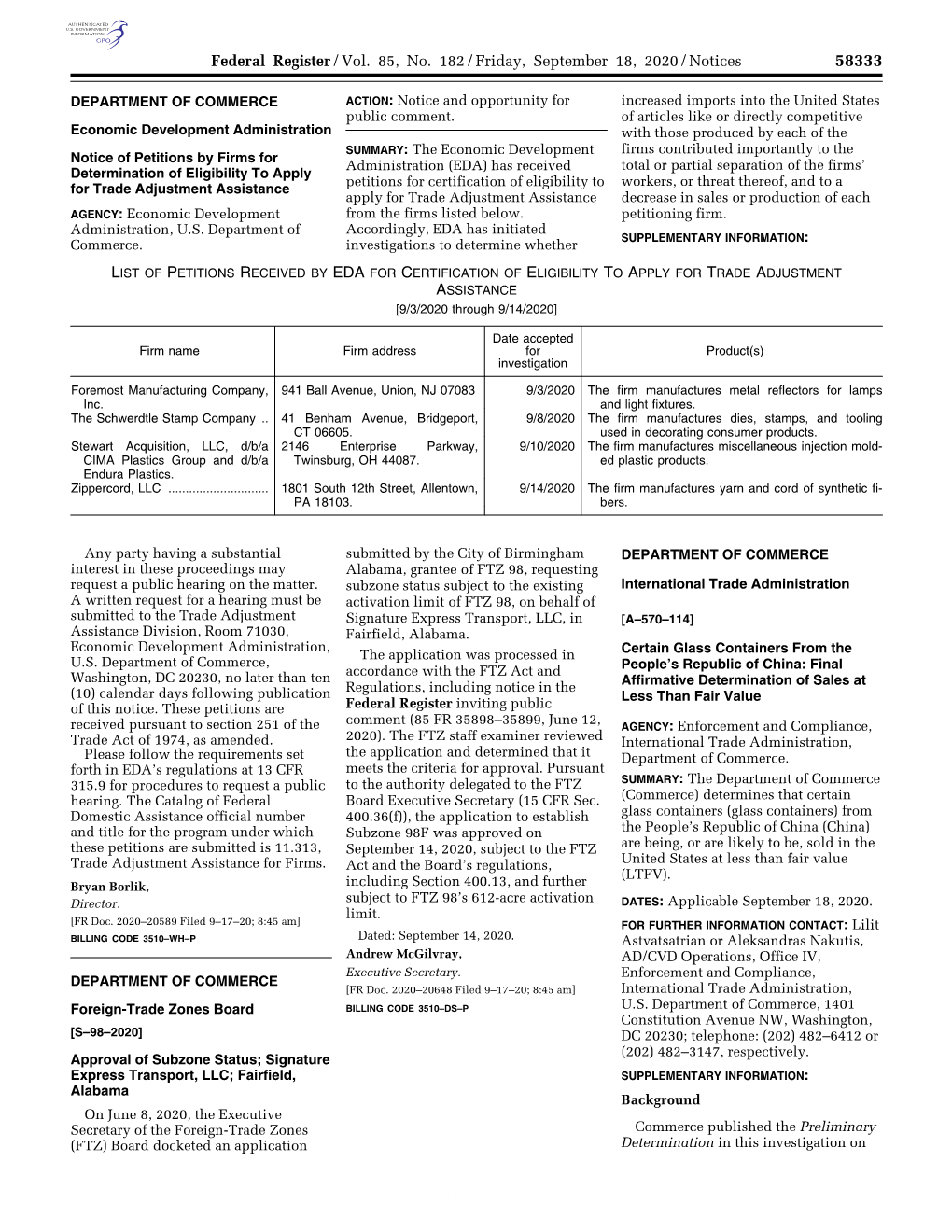 Federal Register/Vol. 85, No. 182/Friday, September 18, 2020