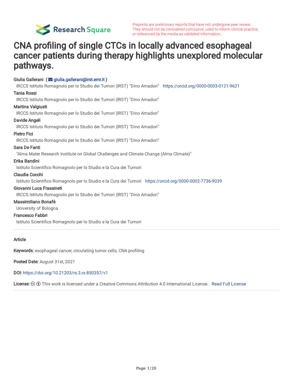 CNA Pro Ling of Single Ctcs in Locally Advanced Esophageal Cancer
