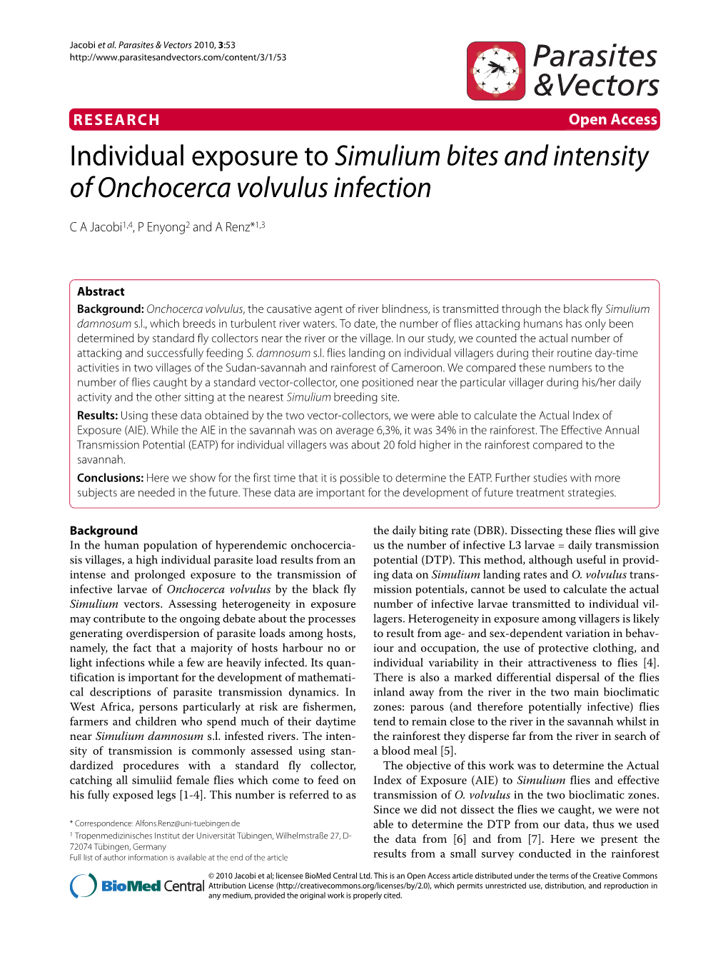 Individual Exposure to Simulium Bites and Intensity of Onchocerca