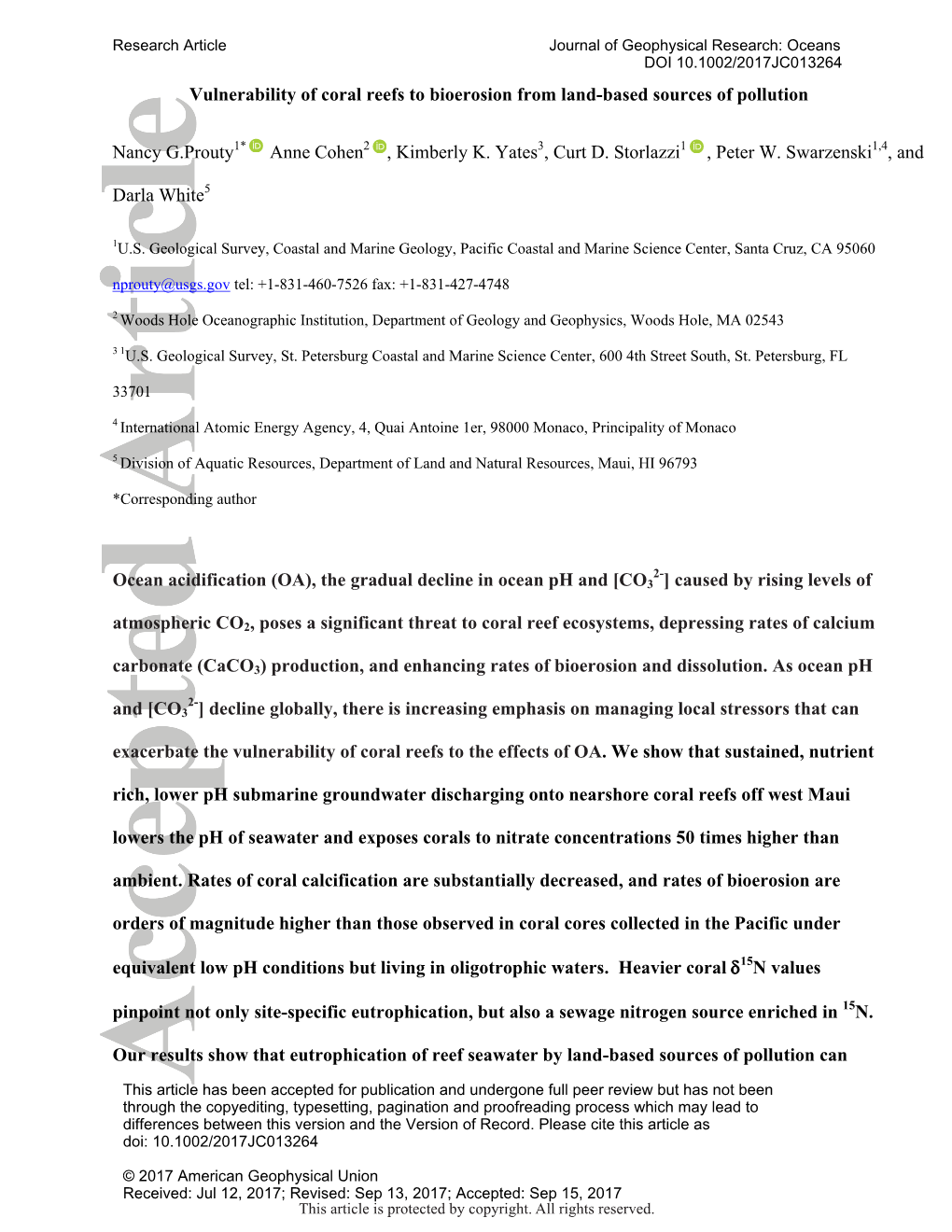 Vulnerability of Coral Reefs to Bioerosion from Land‐Based Sources of Pollution