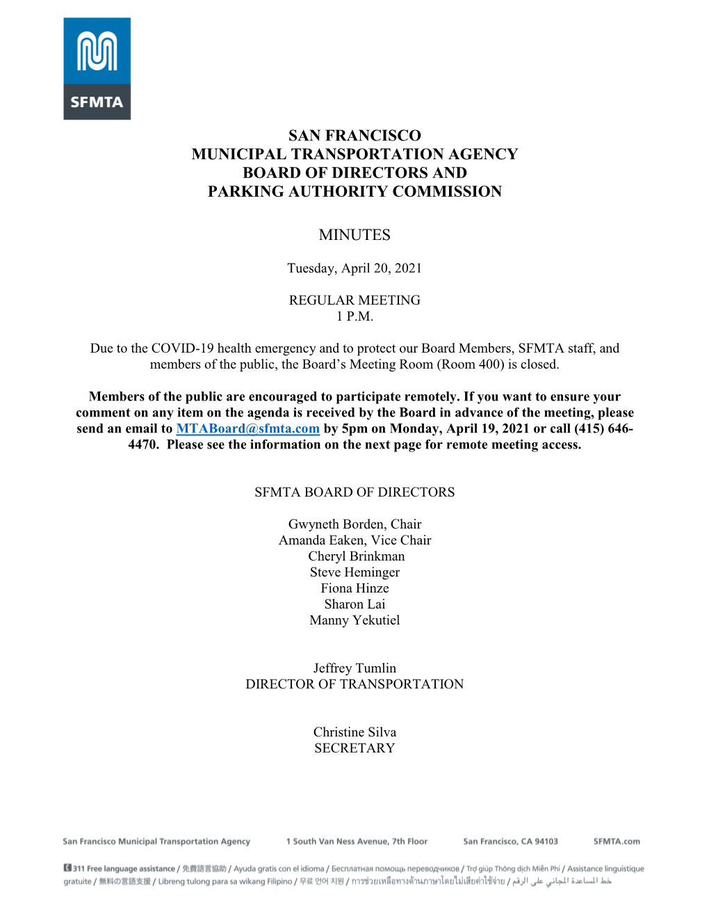 San Francisco Municipal Transportation Agency Board of Directors and Parking Authority Commission Minutes