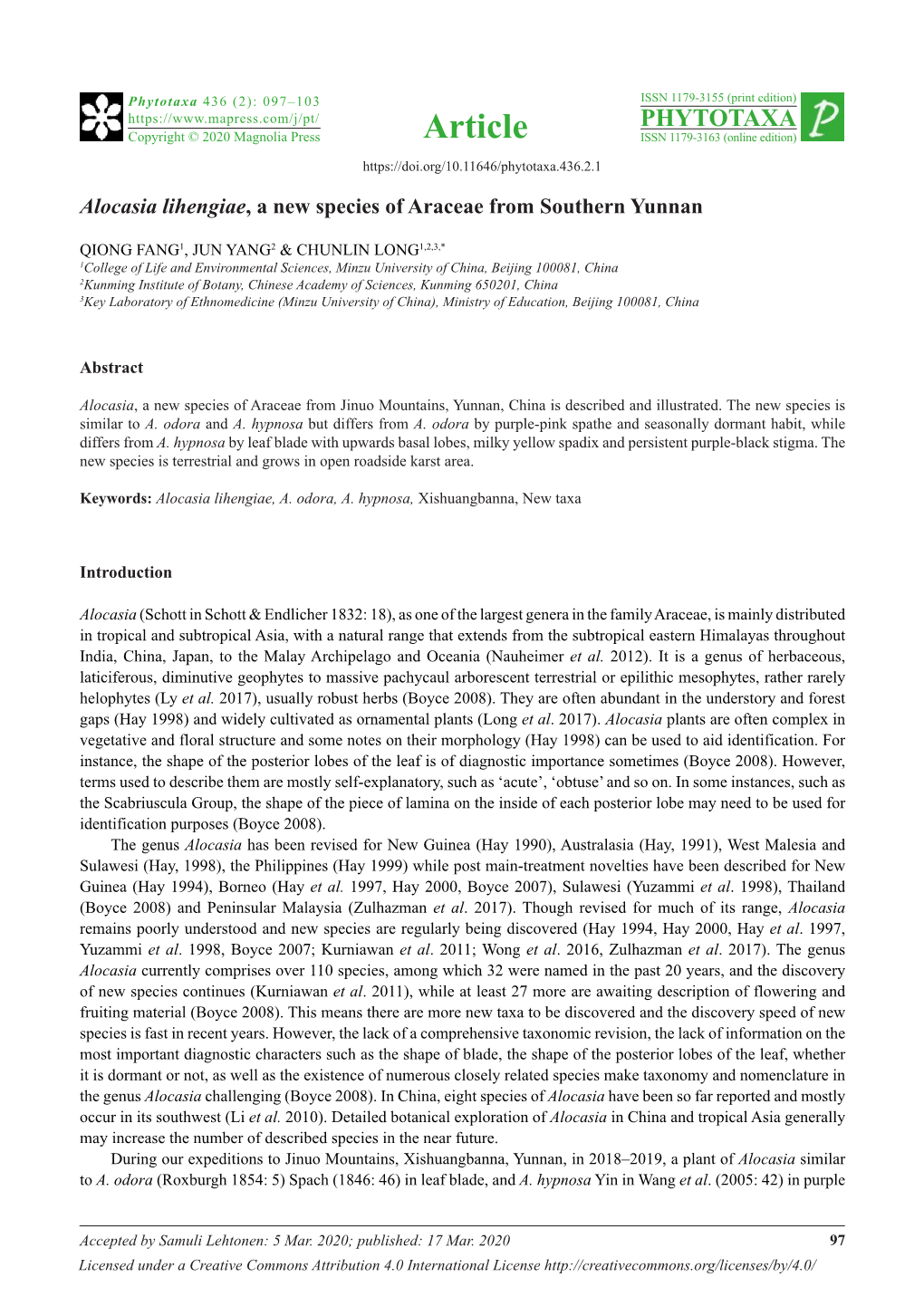 Alocasia Lihengiae, a New Species of Araceae from Southern Yunnan