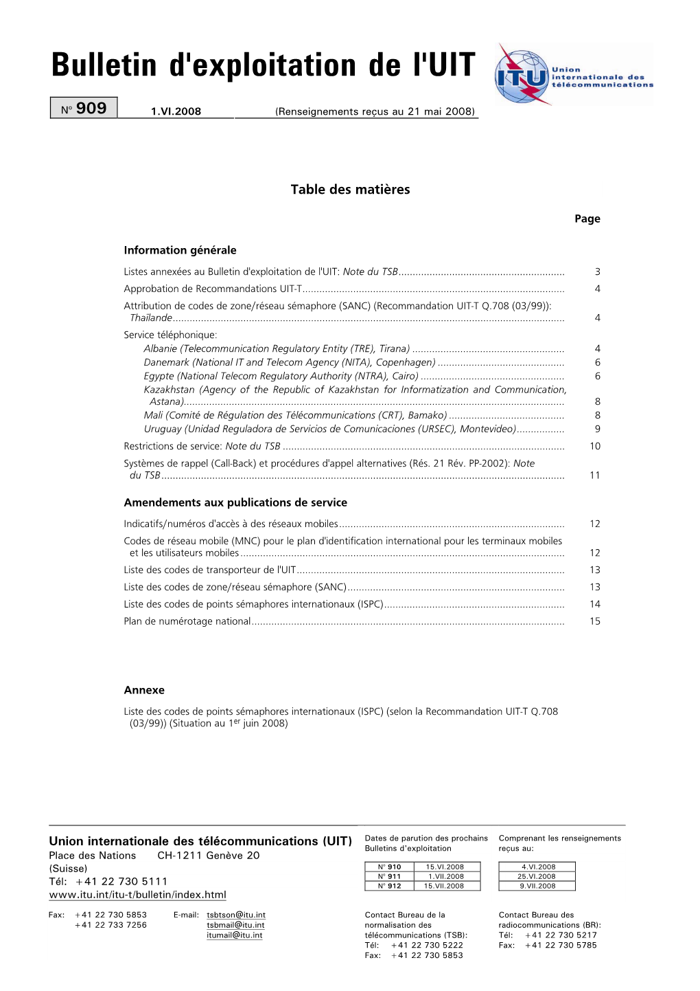 Bulletin D'exploitation De L'uit No 909 Du 1.VI.2008