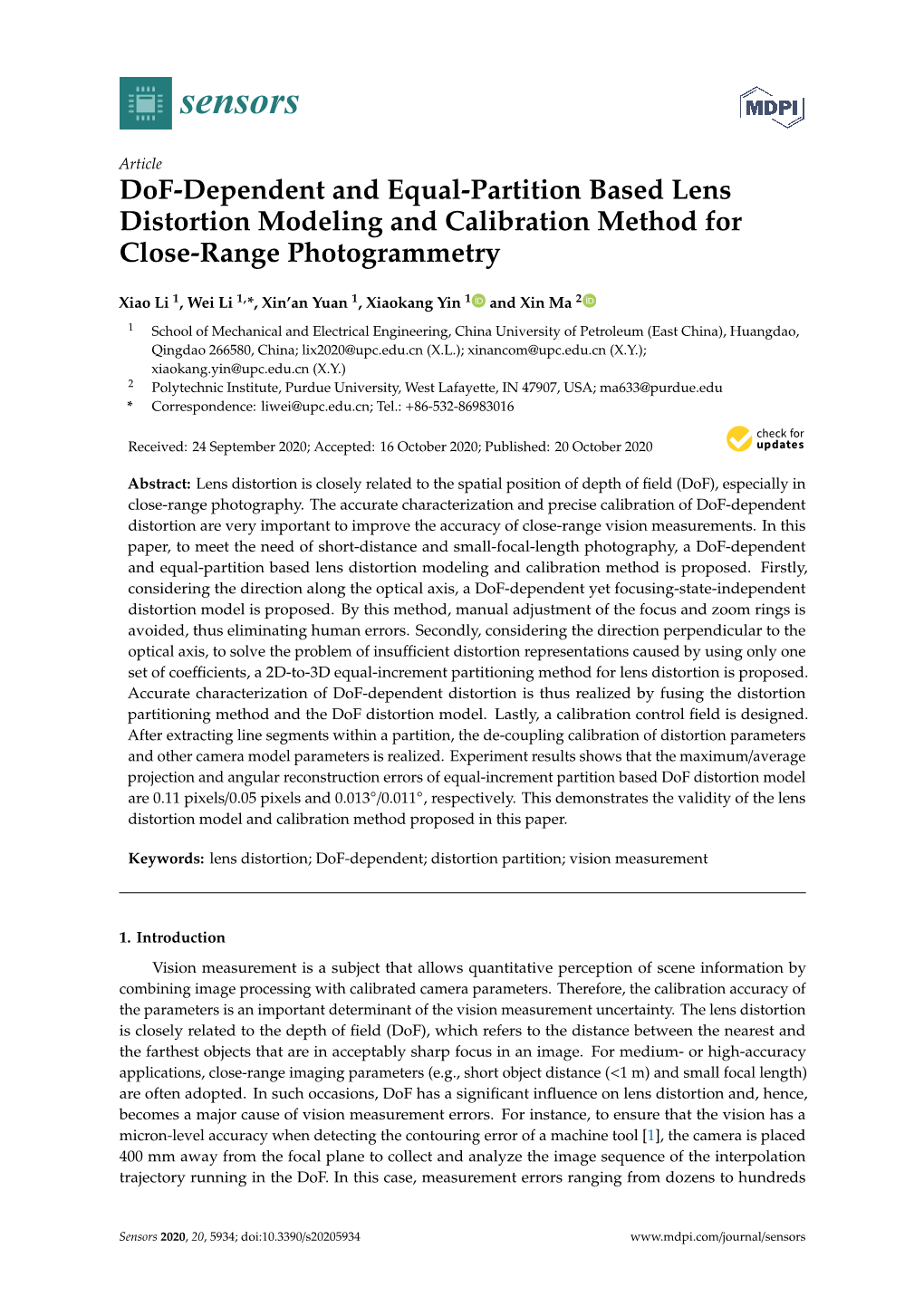 Dof-Dependent and Equal-Partition Based Lens Distortion Modeling and Calibration Method for Close-Range Photogrammetry