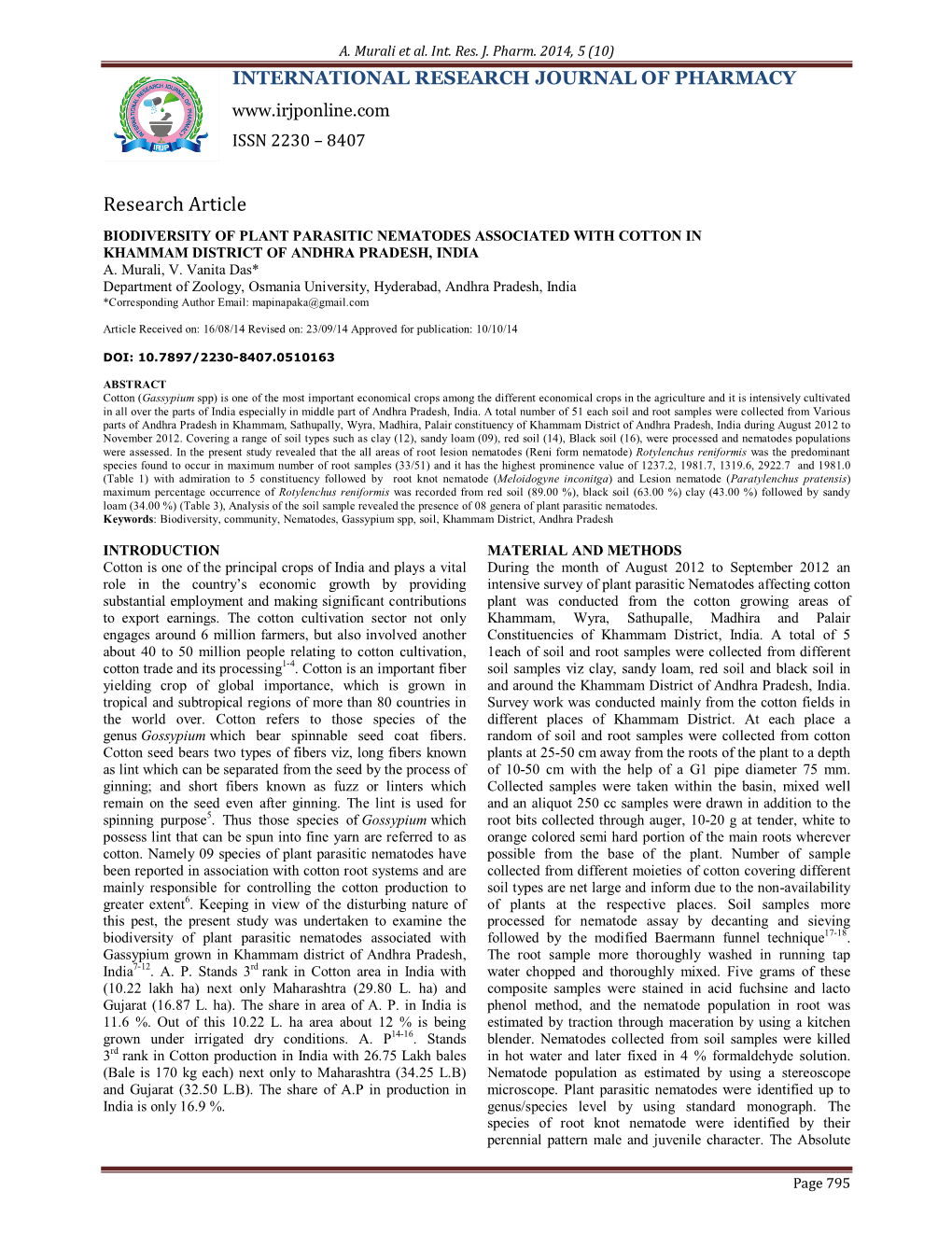 Biodiversity of Plant Parasitic Nematodes Associated with Cotton in Khammam District of Andhra Pradesh, India A