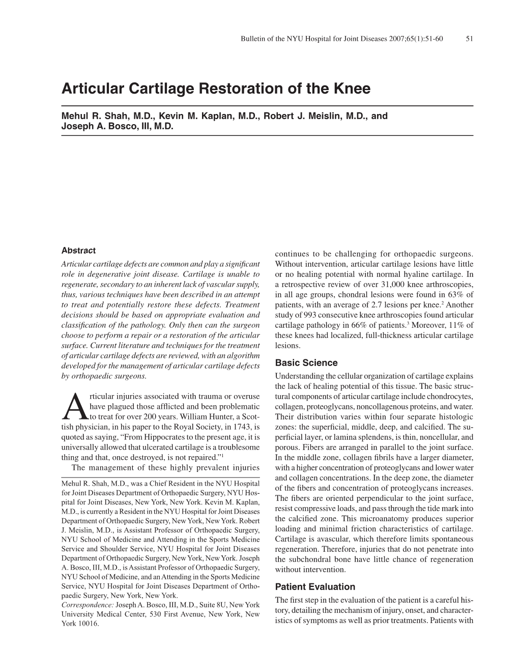 Articular Cartilage Restoration of the Knee