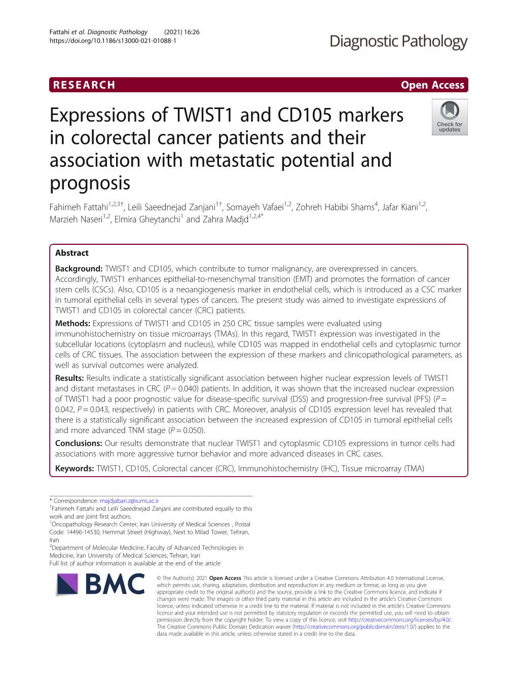 Expressions of TWIST1 and CD105 Markers in Colorectal Cancer