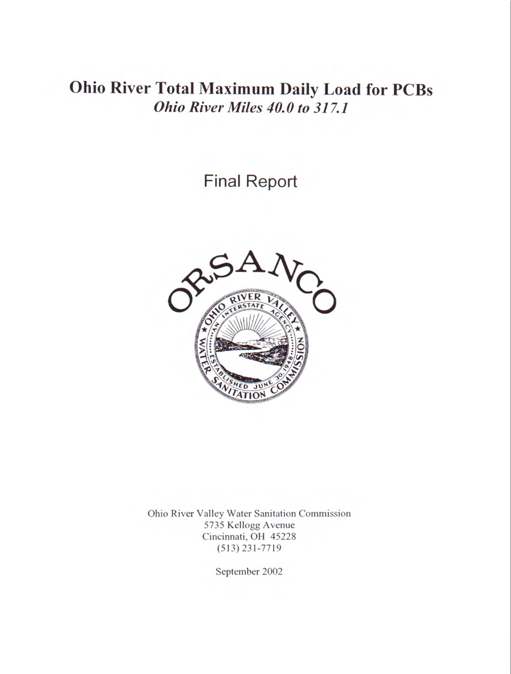 Ohio River Total Maximum Daily Load for Pcbs Ohio River Miles 40.0 to 317.1