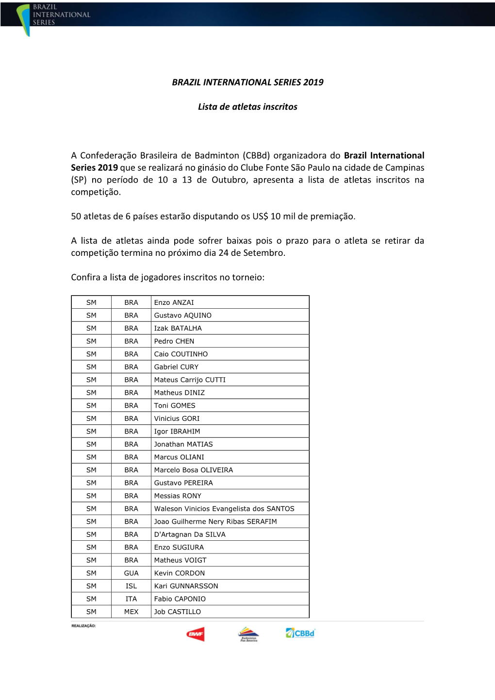 BRAZIL INTERNATIONAL SERIES 2019 Lista De Atletas Inscritos A