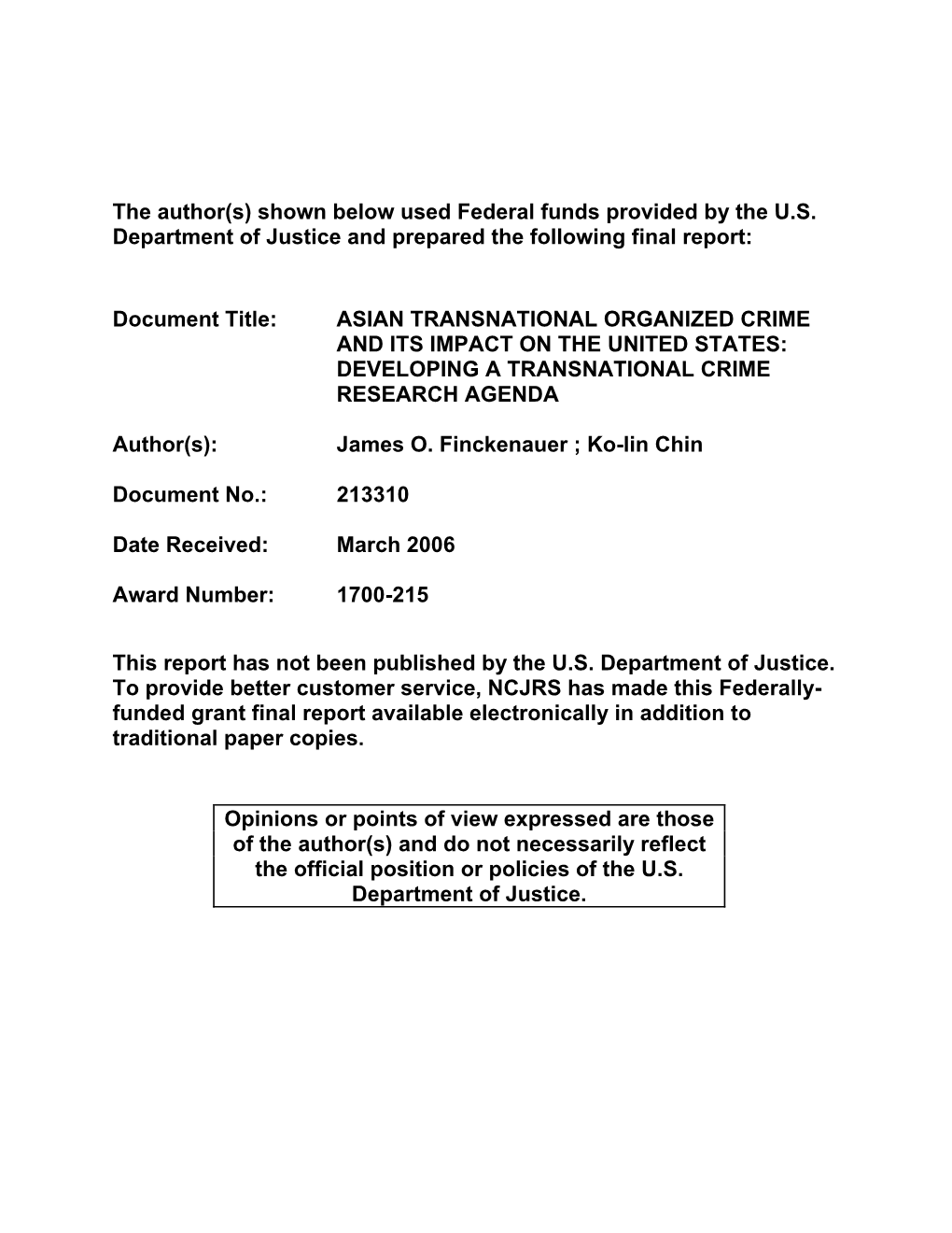 Asian Transnational Organized Crime and Its Impact on the United States: Developing a Transnational Crime Research Agenda