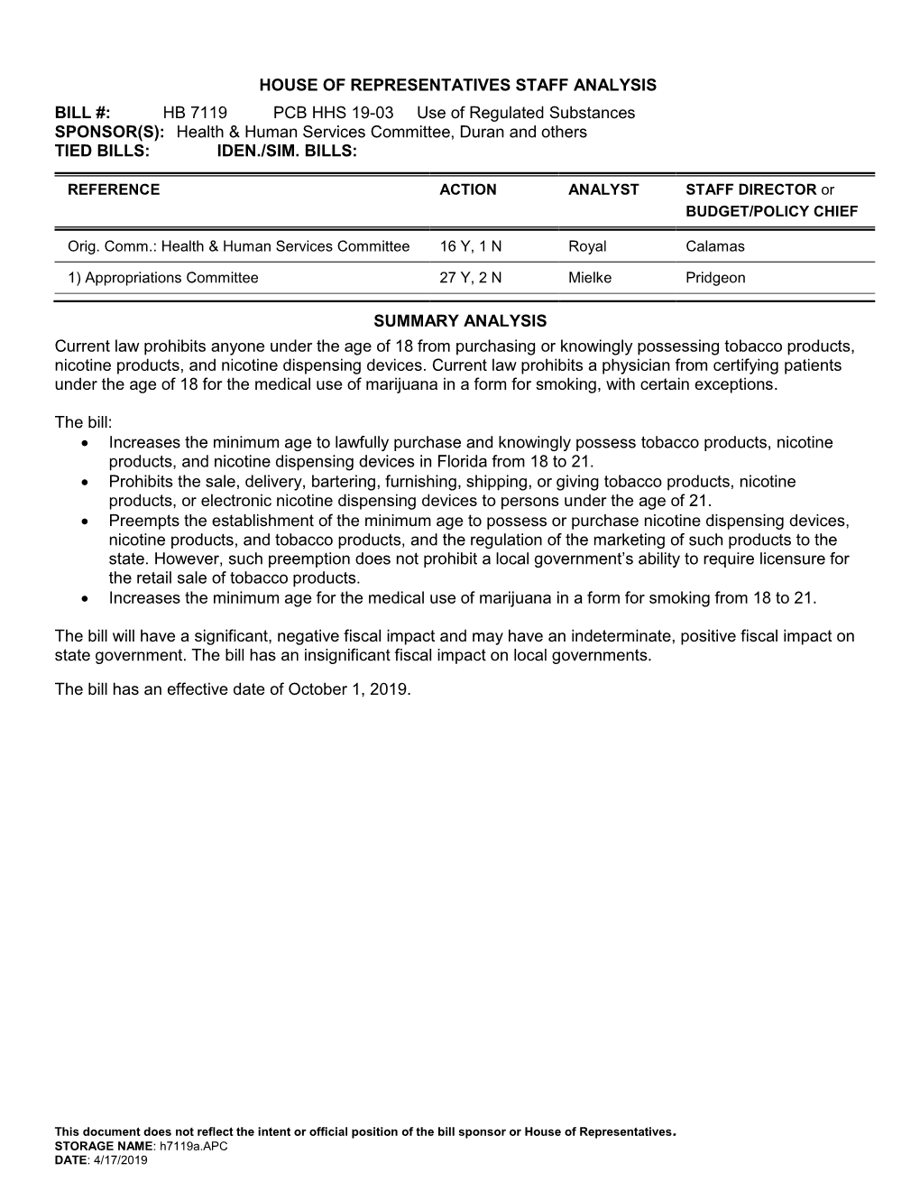 House of Representatives Staff Analysis Bill #: Hb 7119