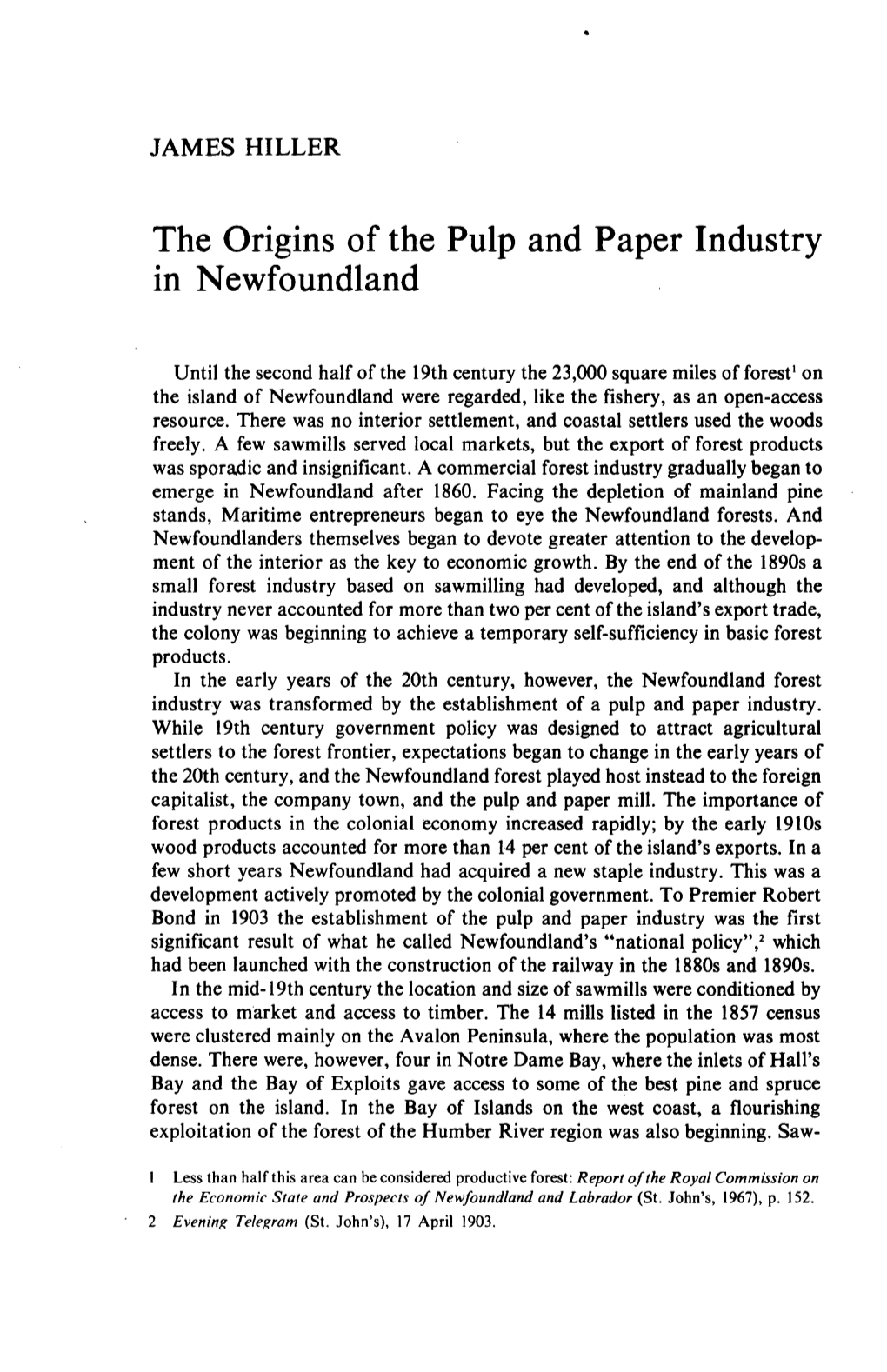 The Origins of the Pulp and Paper Industry in Newfoundland