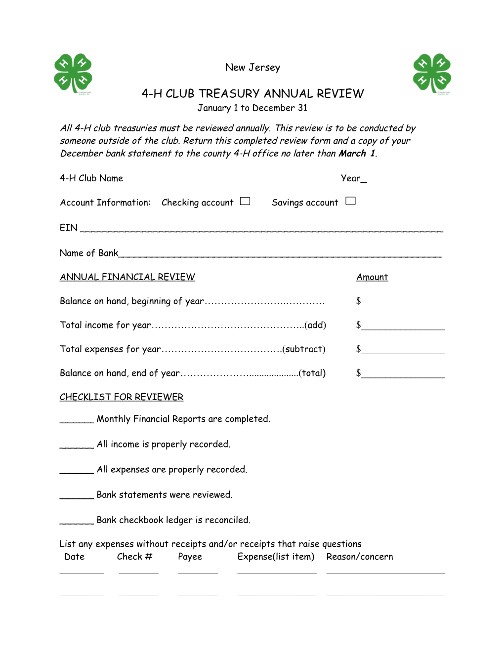 4-H Club Treasury Annual Review