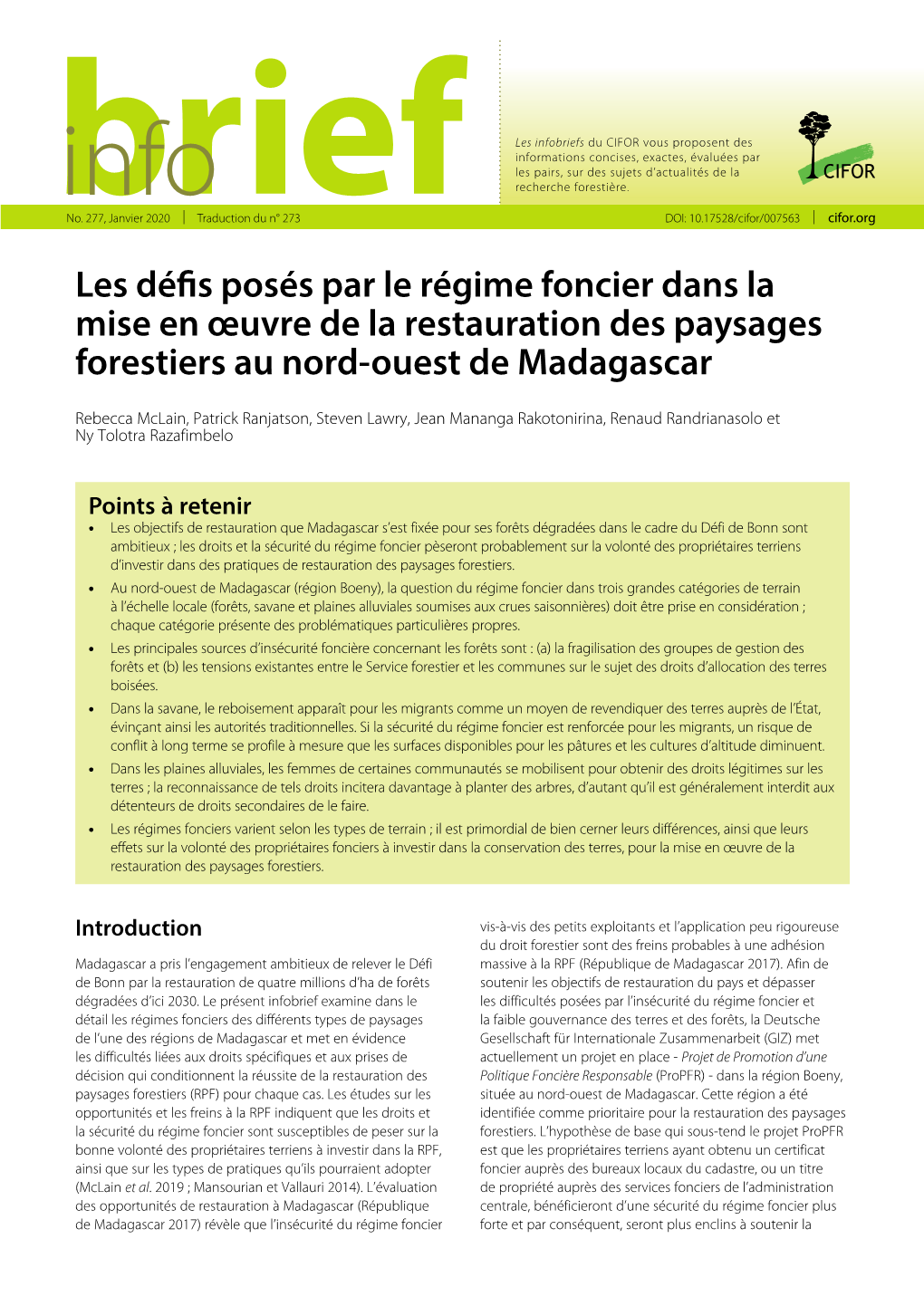 Les Défis Posés Par Le Régime Foncier Dans La Mise En Œuvre De La Restauration Des Paysages Forestiers Au Nord-Ouest De Madagascar