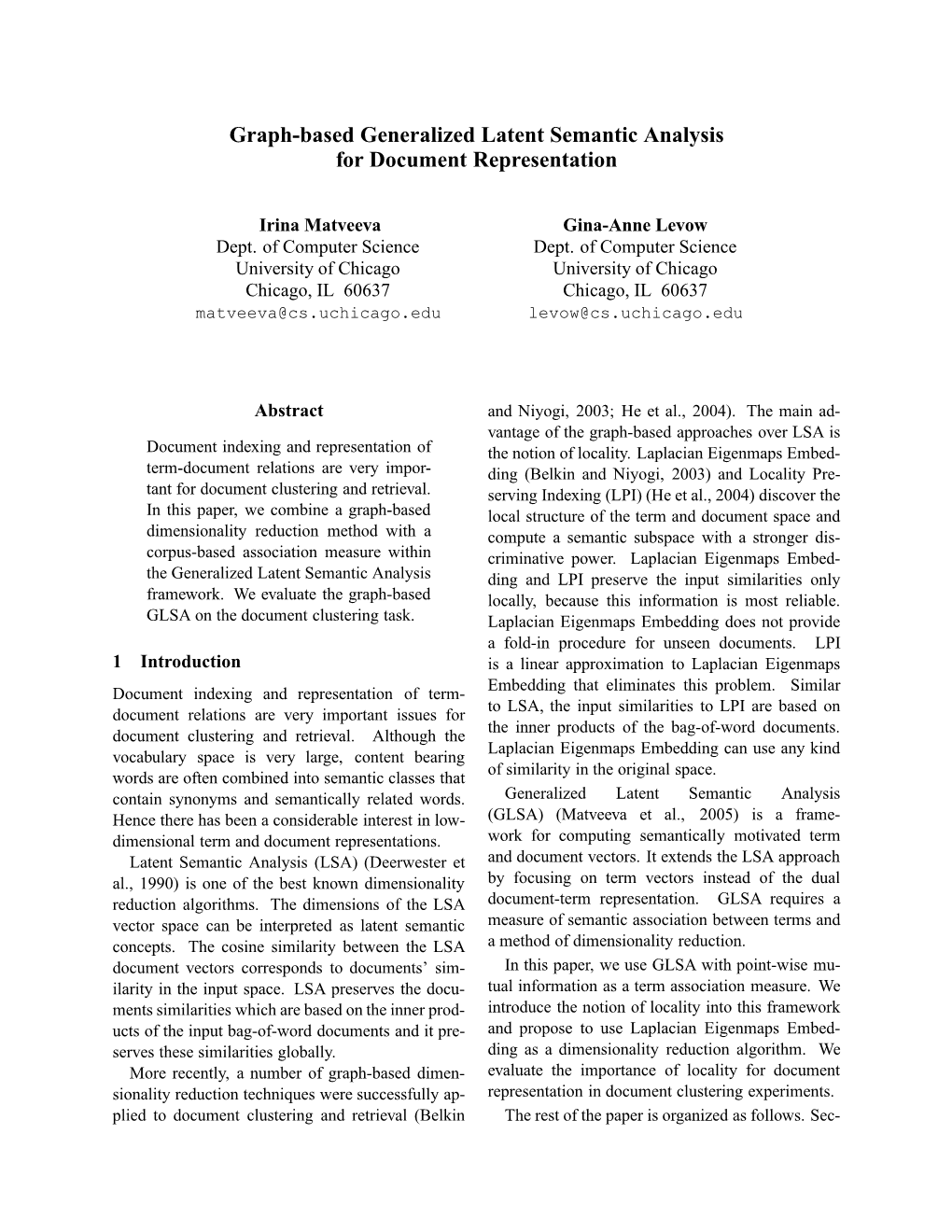 Graph-Based Generalized Latent Semantic Analysis for Document Representation