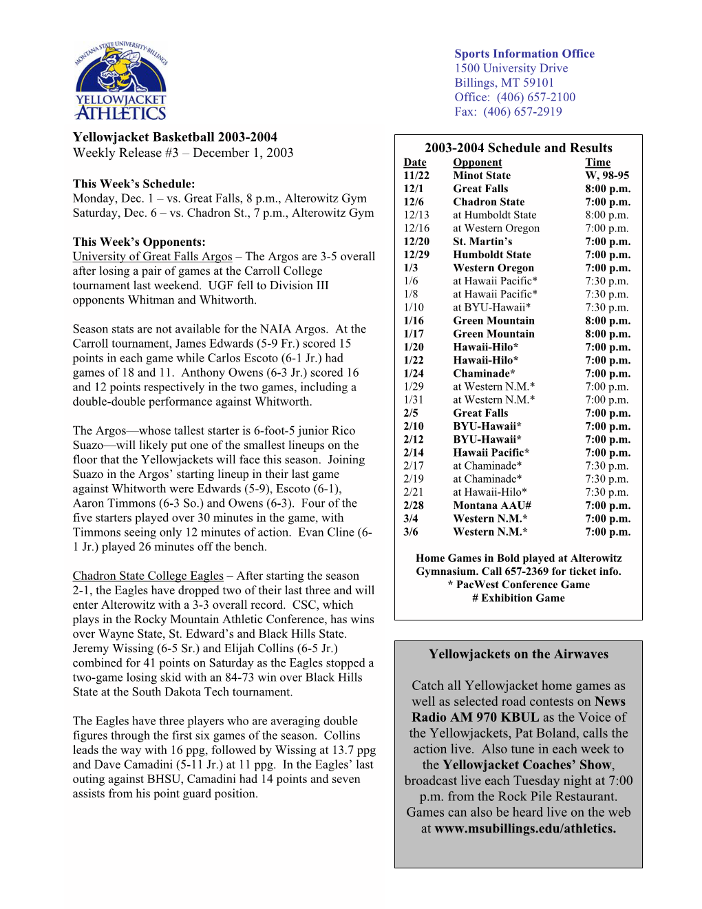 2003-2004 Schedule and Results Date Opponent Time 11/22 Minot State W, 98-95 This Week’S Schedule: 12/1 Great Falls 8:00 P.M