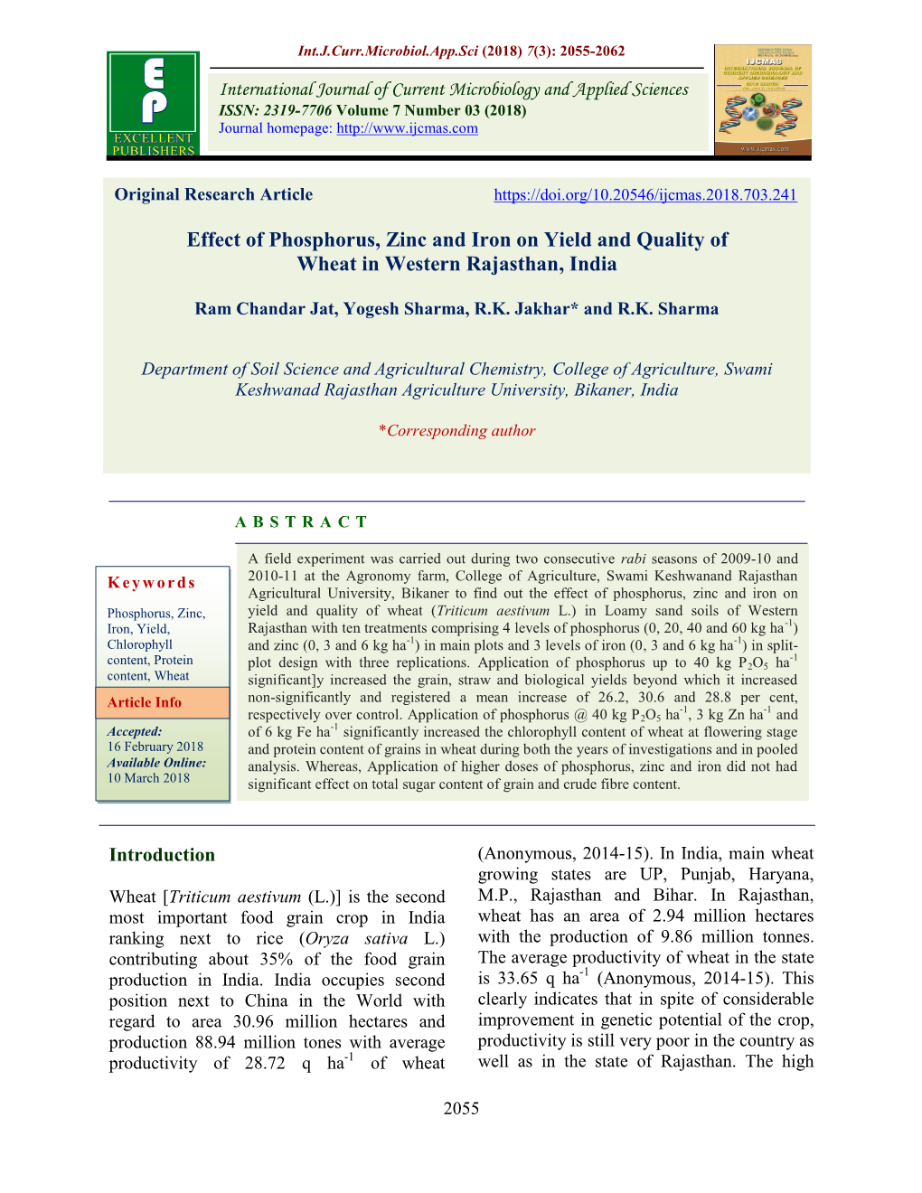 Effect of Phosphorus, Zinc and Iron on Yield and Quality of Wheat in Western Rajasthan, India