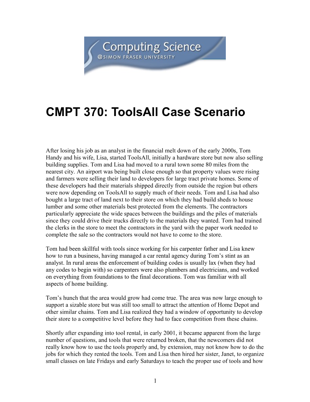 CMPT 370: Toolsall Case Scenario