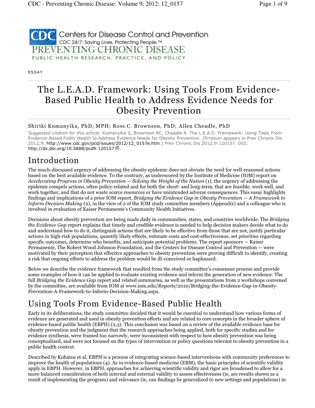 Preventing Chronic Disease: Volume 9, 2012: 12 0157 Page 1 of 9