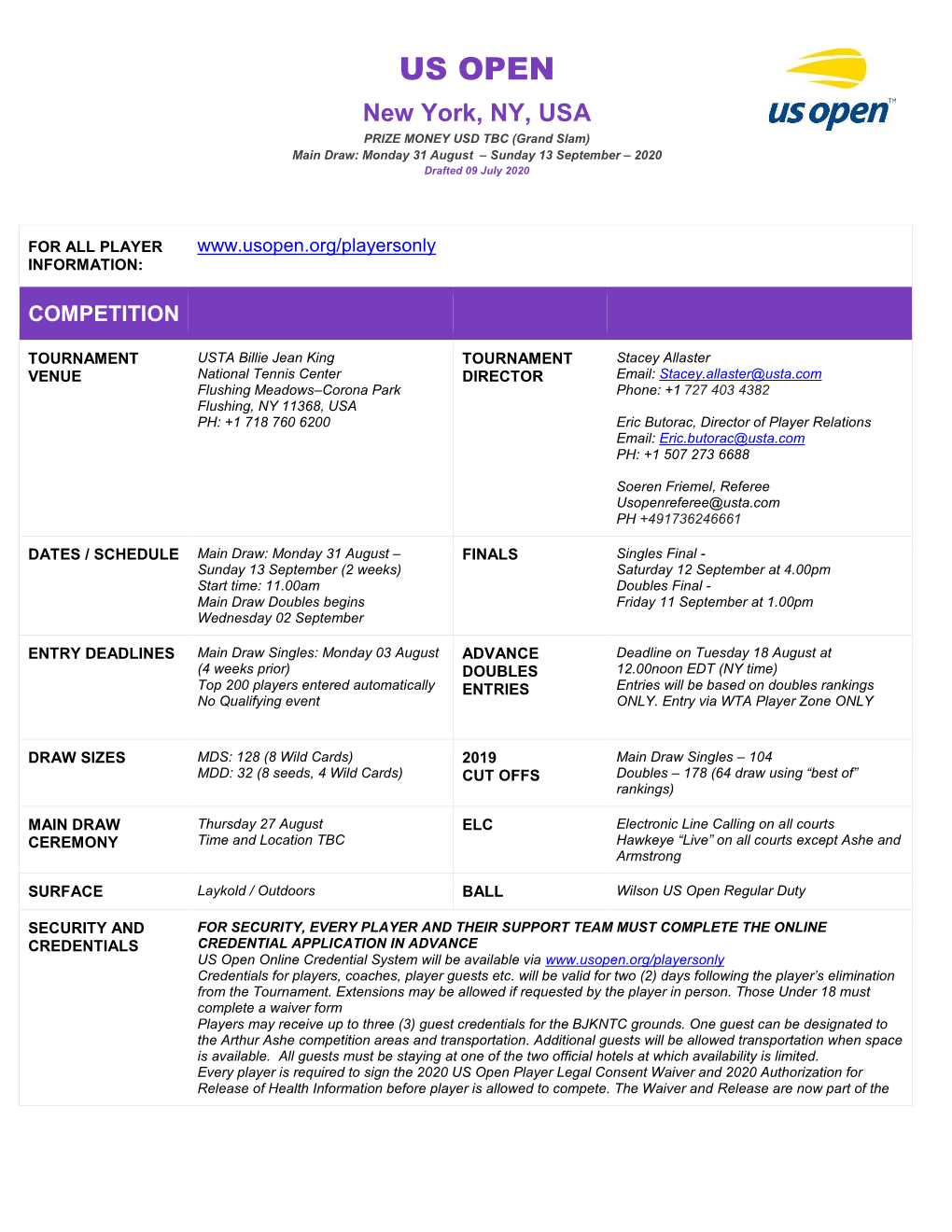 US Open 2020 WTA Fact Sheet.Pdf