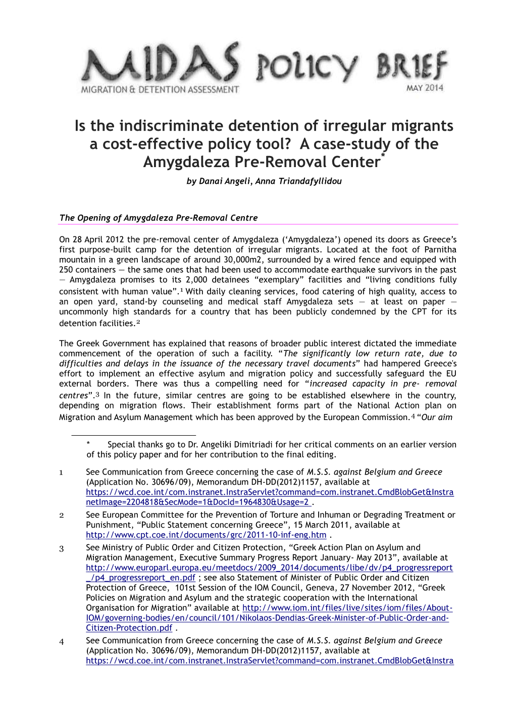 Policy Brief: the Case Study of Amygdaleza Pre-Removal Center