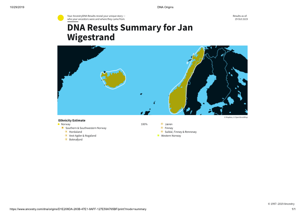 Jan Wigestrand's DNA Ethnicity Estimate