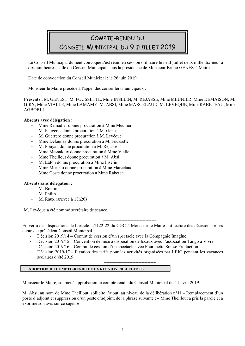 Compte-Rendu Du Conseil Municipal Du 9 Juillet 2019