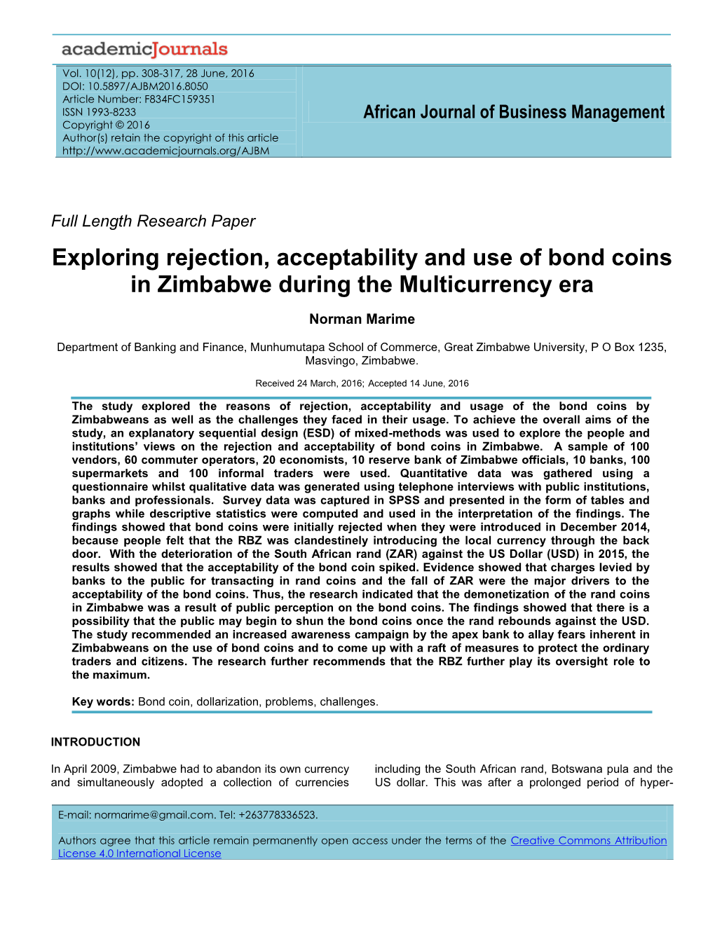 Exploring Rejection, Acceptability and Use of Bond Coins in Zimbabwe During the Multicurrency Era