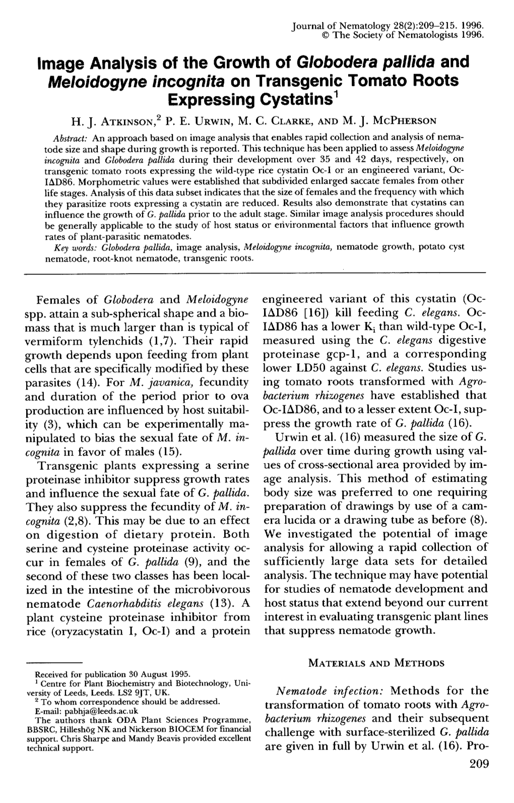 Image Analysis of the Growth of Globodera Pallida and Meloidogyne Incognita on Transgenic Tomato Roots Expressing Cystatins 1 H