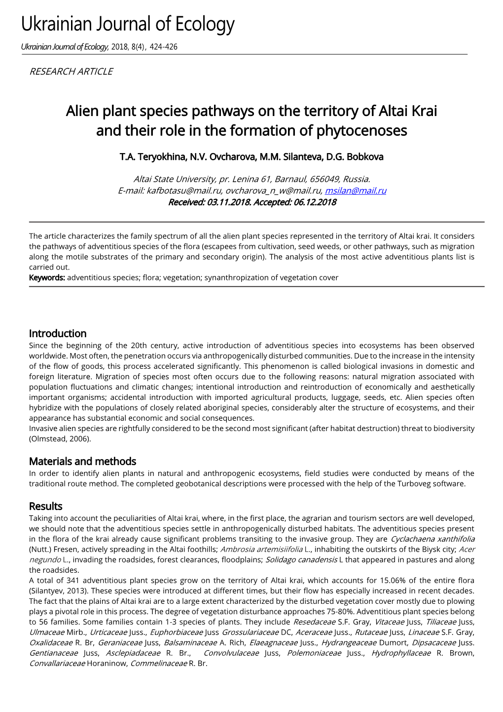 Alien Plant Species Pathways on the Territory of Altai Krai and Their Role in the Formation of Phytocenoses