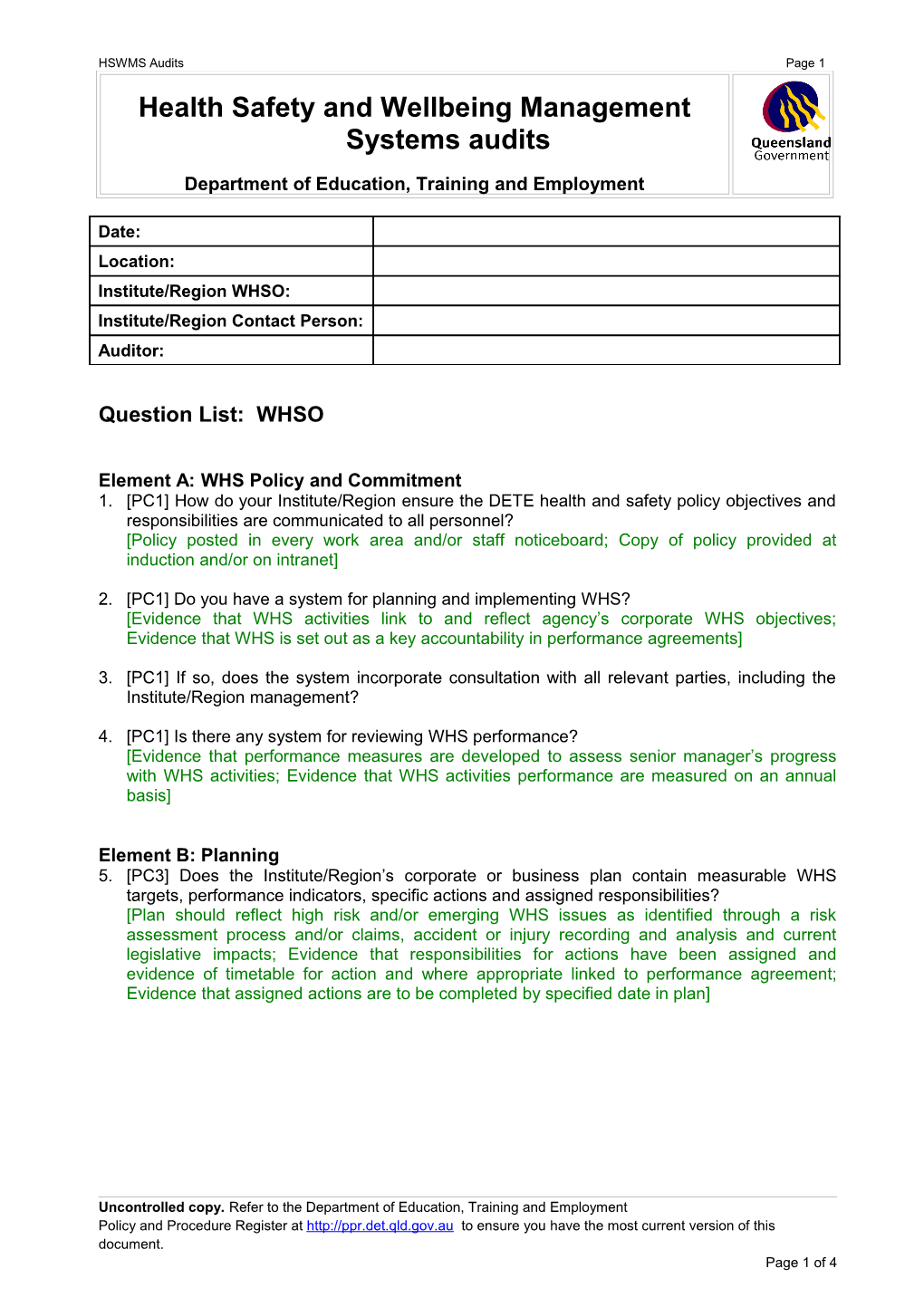 Example Audit Questions - Workplace Health and Safety Officer