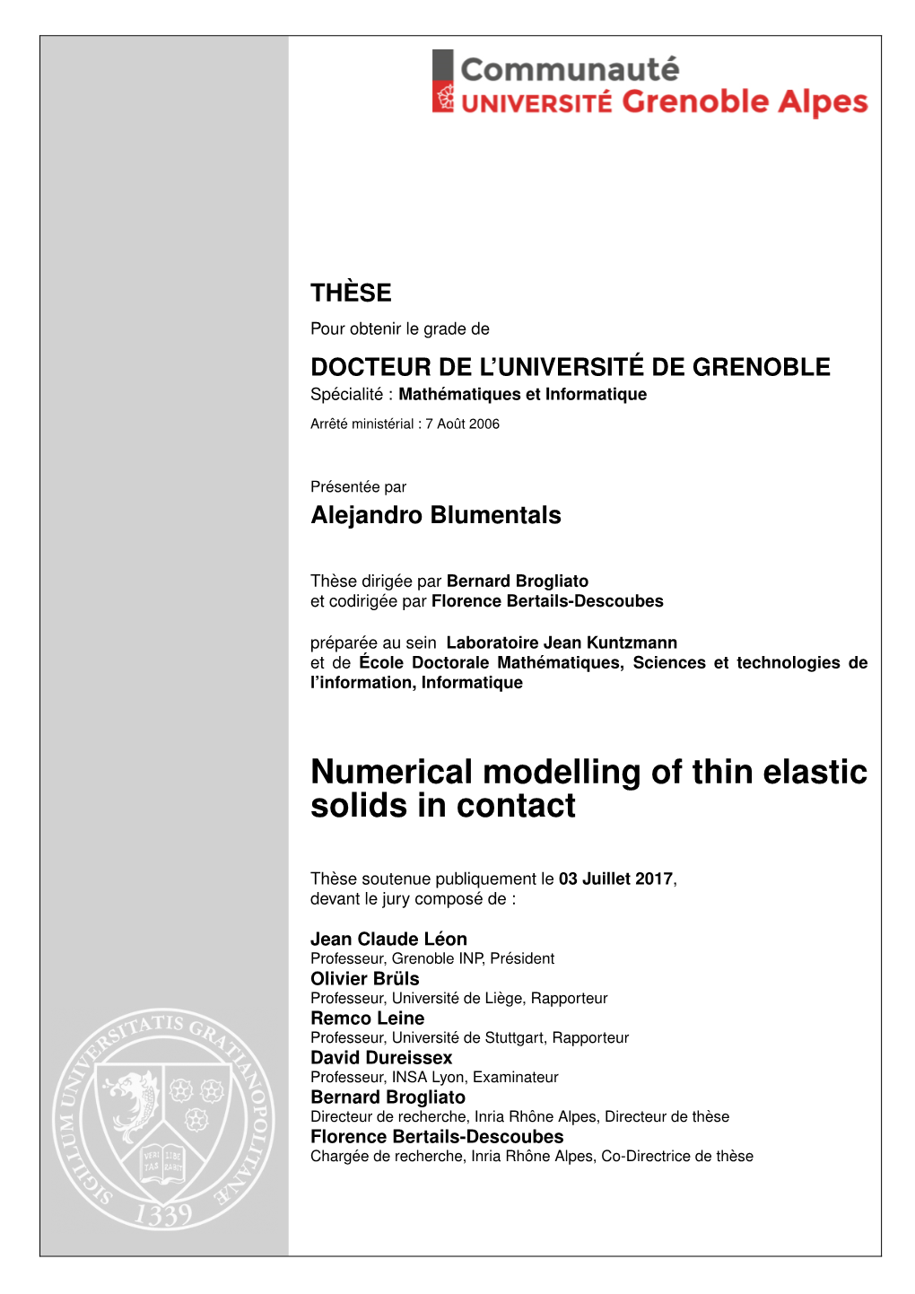 Numerical Modelling of Thin Elastic Solids in Contact