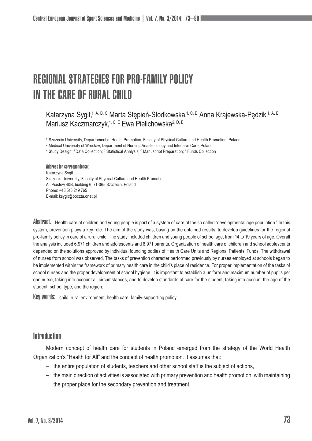 Regional Strategies for Pro-Family Policy in the Care of Rural Child