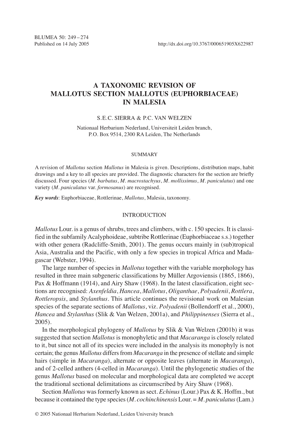 A TAXONOMIC Revision of Mallotus SECTION MALLOTUS (Euphorbiaceae) in MALESIA