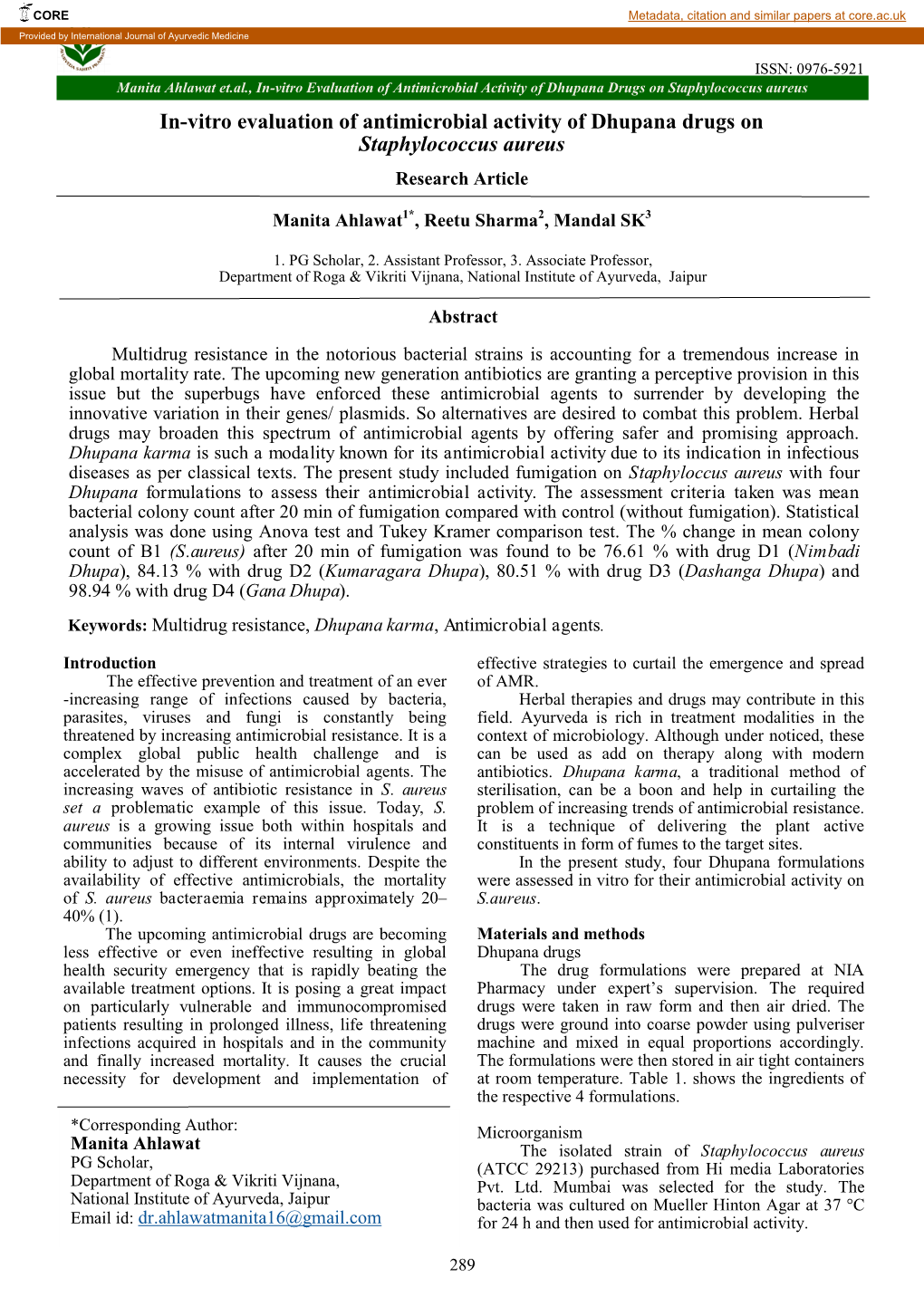 In-Vitro Evaluation of Antimicrobial Activity of Dhupana Drugs On