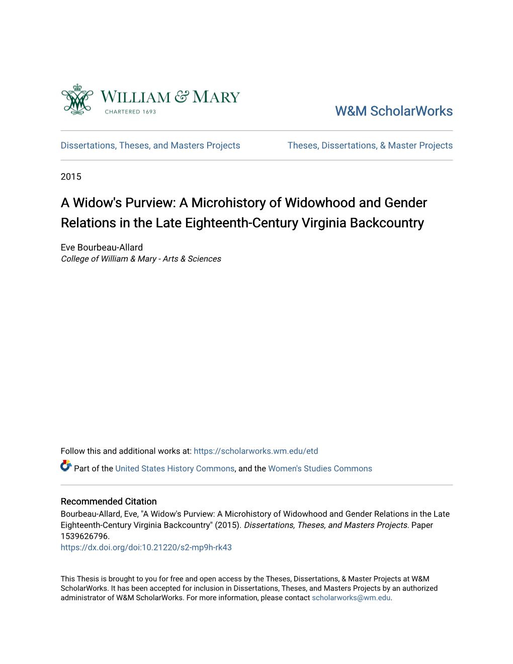 A Microhistory of Widowhood and Gender Relations in the Late Eighteenth-Century Virginia Backcountry