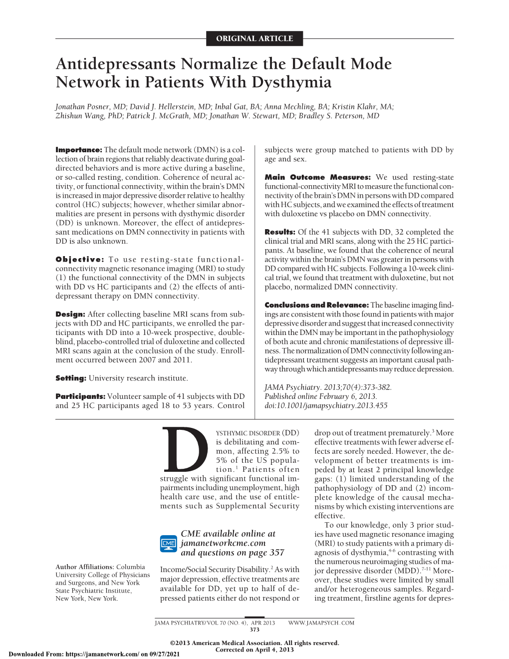 Antidepressants Normalize the Default Mode Network in Patients with Dysthymia