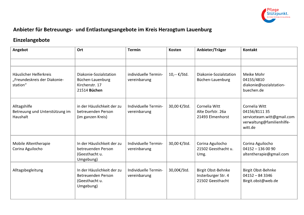 Anbieter Für Betreuungs- Und Entlastungsangebote Im Kreis Herzogtum Lauenburg Einzelangebote