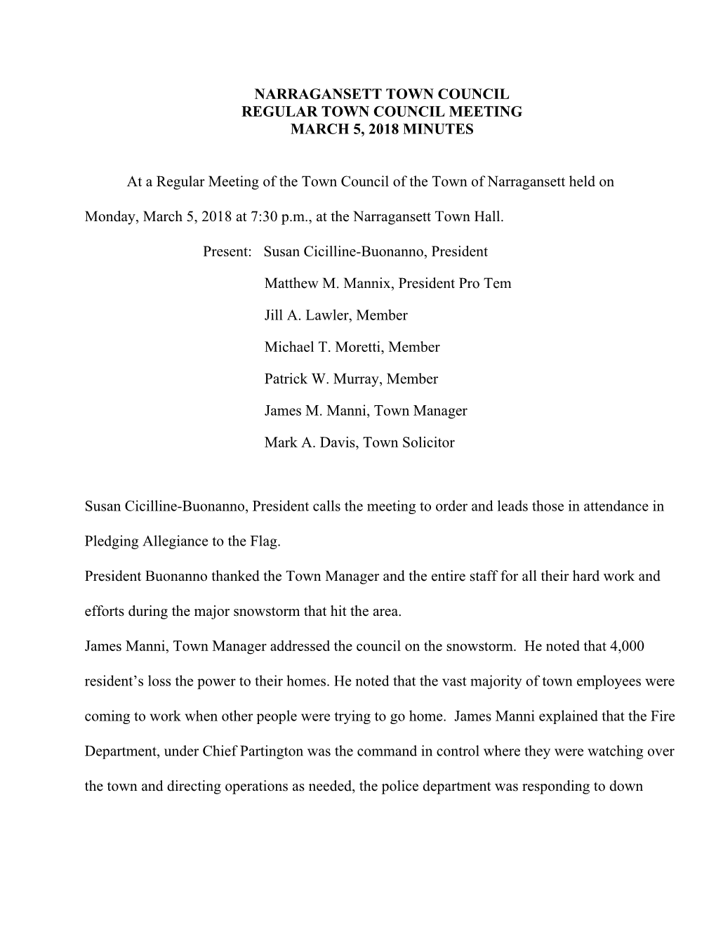 Narragansett Town Council Regular Town Council Meeting March 5, 2018 Minutes