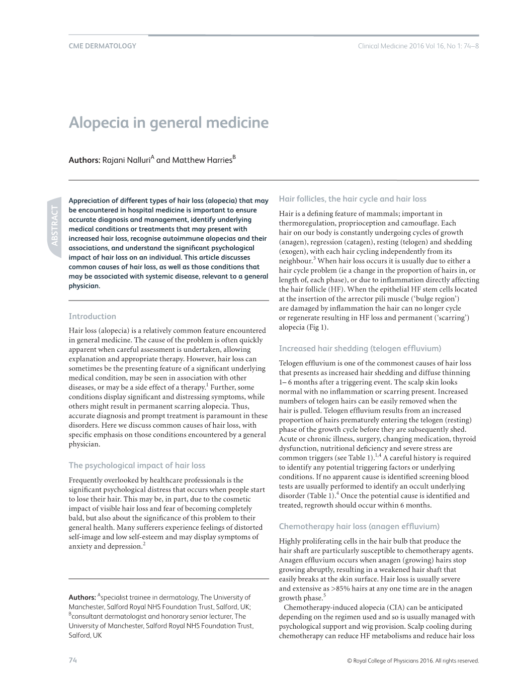 Alopecia in General Medicine
