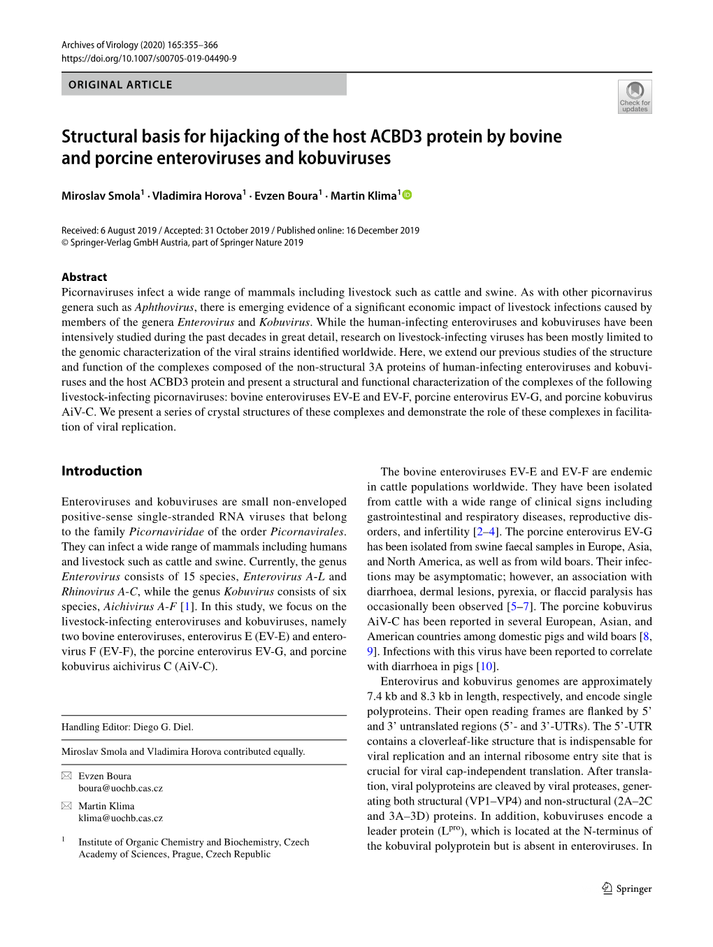 Structural Basis for Hijacking of the Host ACBD3 Protein by Bovine and Porcine Enteroviruses and Kobuviruses