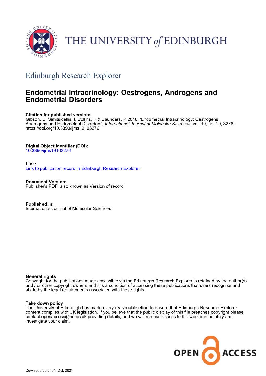 Oestrogens, Androgens and Endometrial Disorders', International Journal of Molecular Sciences, Vol