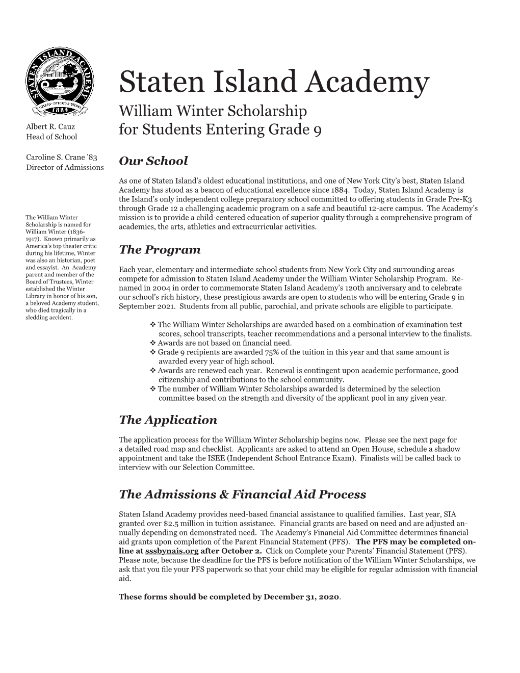 Staten Island Academy William Winter Scholarship Albert R