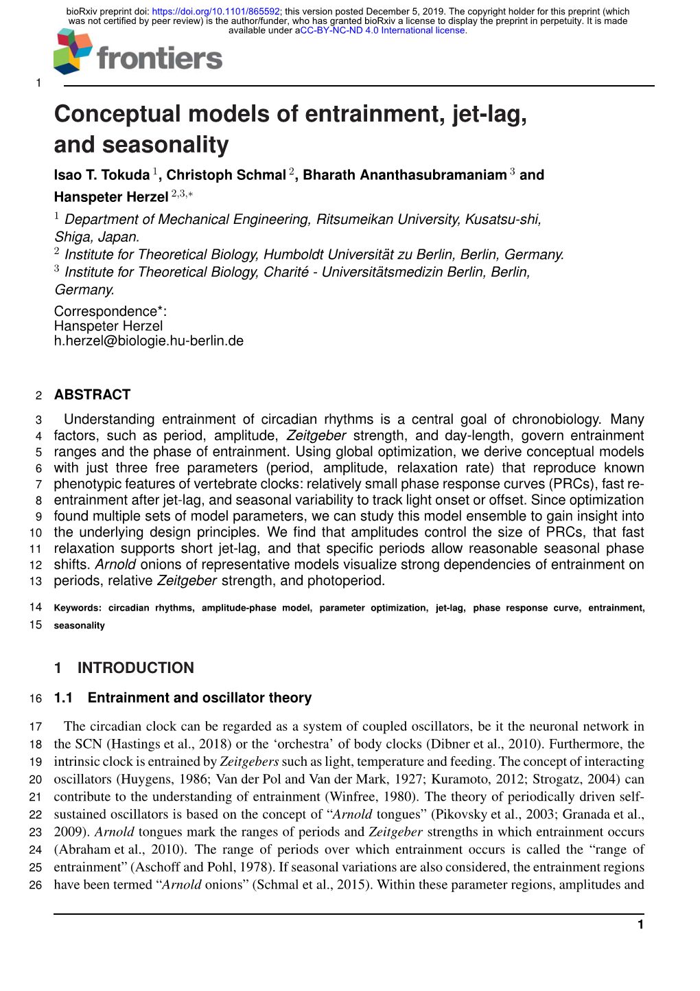 Conceptual Models of Entrainment, Jet-Lag, and Seasonality Isao T