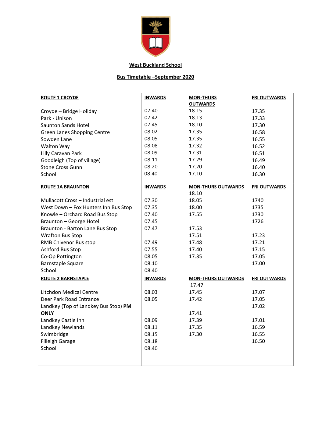 West Buckland School Bus Timetable –September 2020 Croyde – Bridge